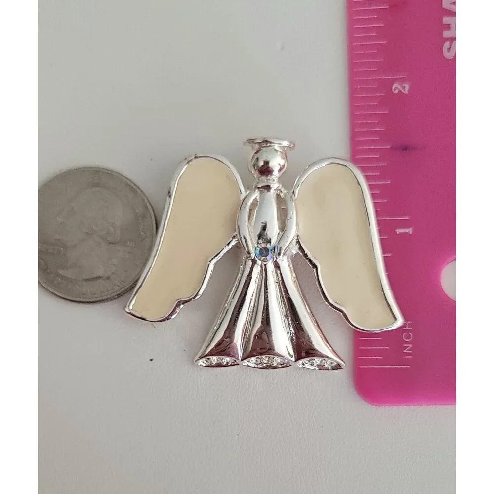 KC Kenneth Cole Silver Tone White Enamel Angel Brooch Pin, Signed - Picture 6 of 7